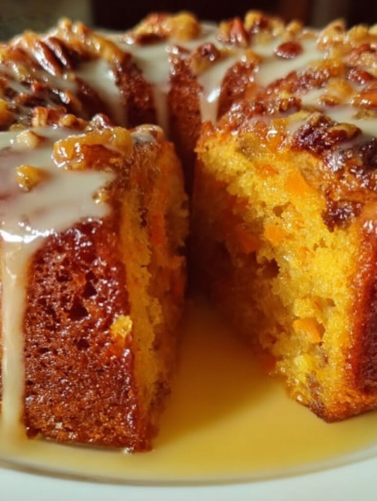 Budín casero de zanahoria y naranja sobre tabla de madera, espolvoreado con azúcar glas y cortado en rebanadas, con fondo rústico.