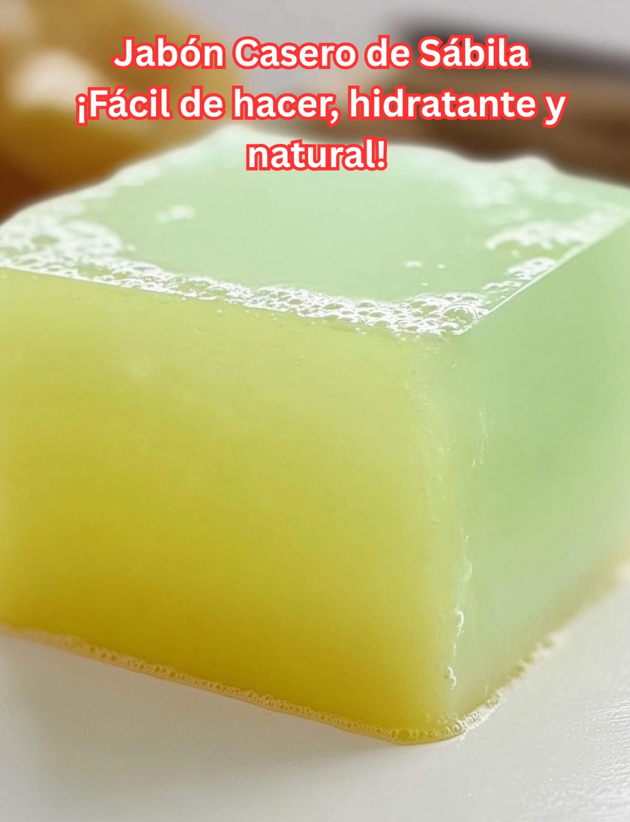Jabón artesanal de glicerina con aloe vera, de color suave y aspecto natural, colocado sobre una tabla de madera con hojas de romero y sábila fresca alrededor.
