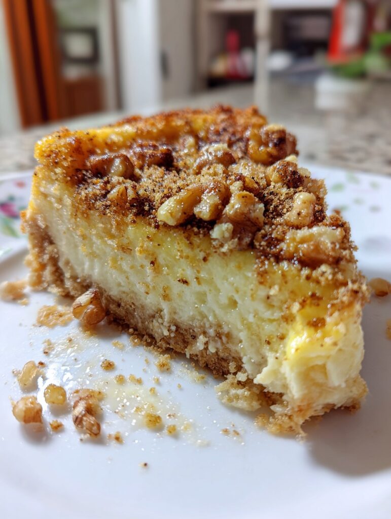Pastel de elote horneado con ricotta y nueces, decorado con azúcar glass, servido sobre plato rústico de cerámica.