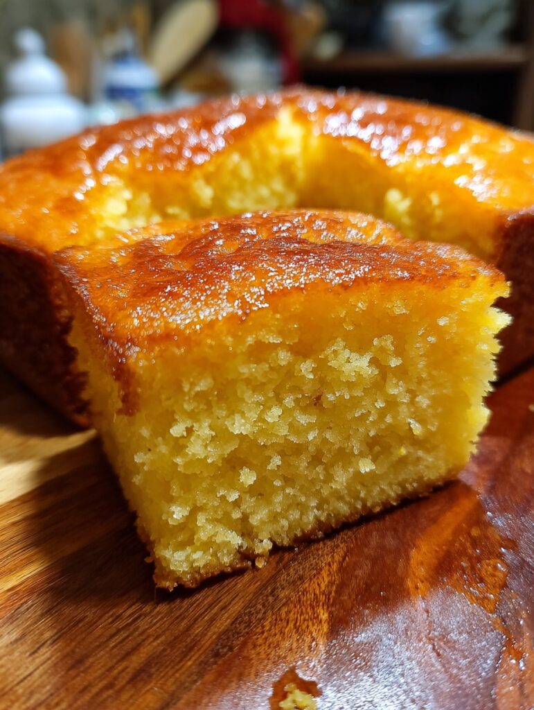 Pan de elote casero recién horneado, de color dorado y textura húmeda, servido en una tabla de madera.