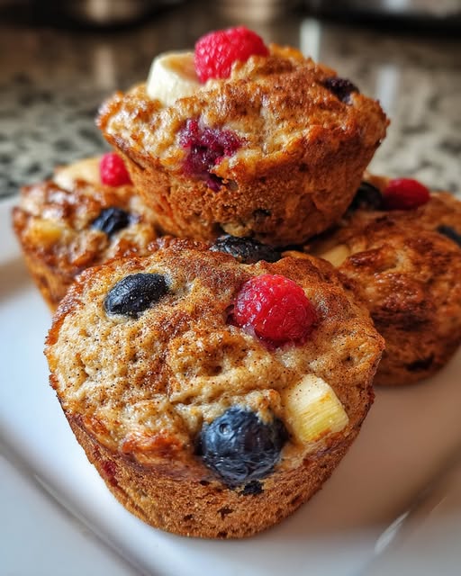 Muffins caseros de cottage con frutas frescas y canela, presentados en capacillos de papel sobre una tabla de madera.
