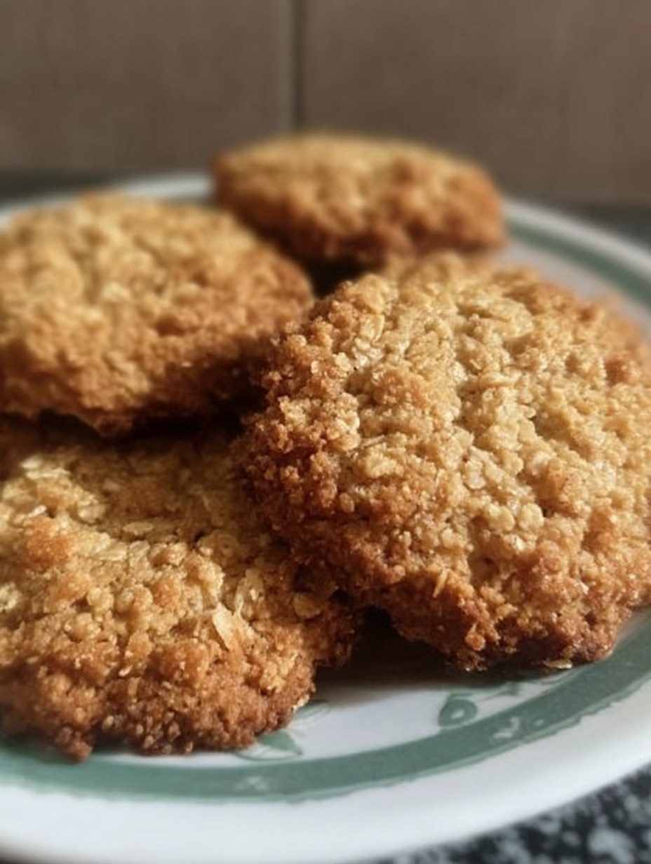 Cookies caseras de avena, coco y miel recién horneadas, doradas, crujientes por fuera y colocadas sobre una bandeja de papel vegetal.