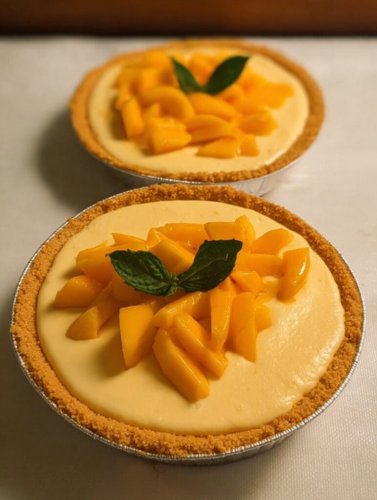 Rebanada de pay de mango sin horno sobre plato blanco, con base de galleta y relleno cremoso de mango decorado con cubitos de fruta fresca.
