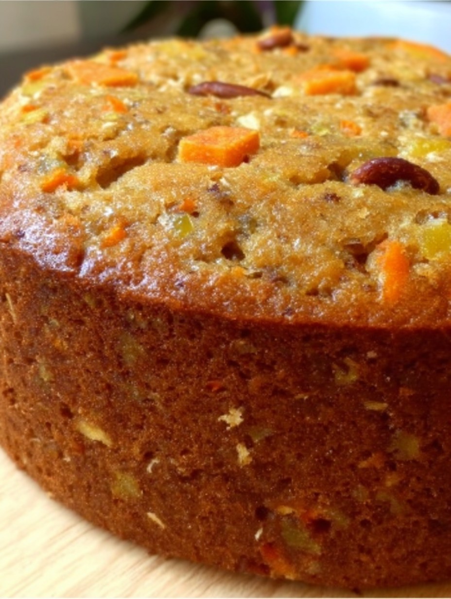 Pastel saludable de avena, manzana y zanahoria, servido en rebanadas sobre una tabla rústica, con textura húmeda y toques de frutas secas.