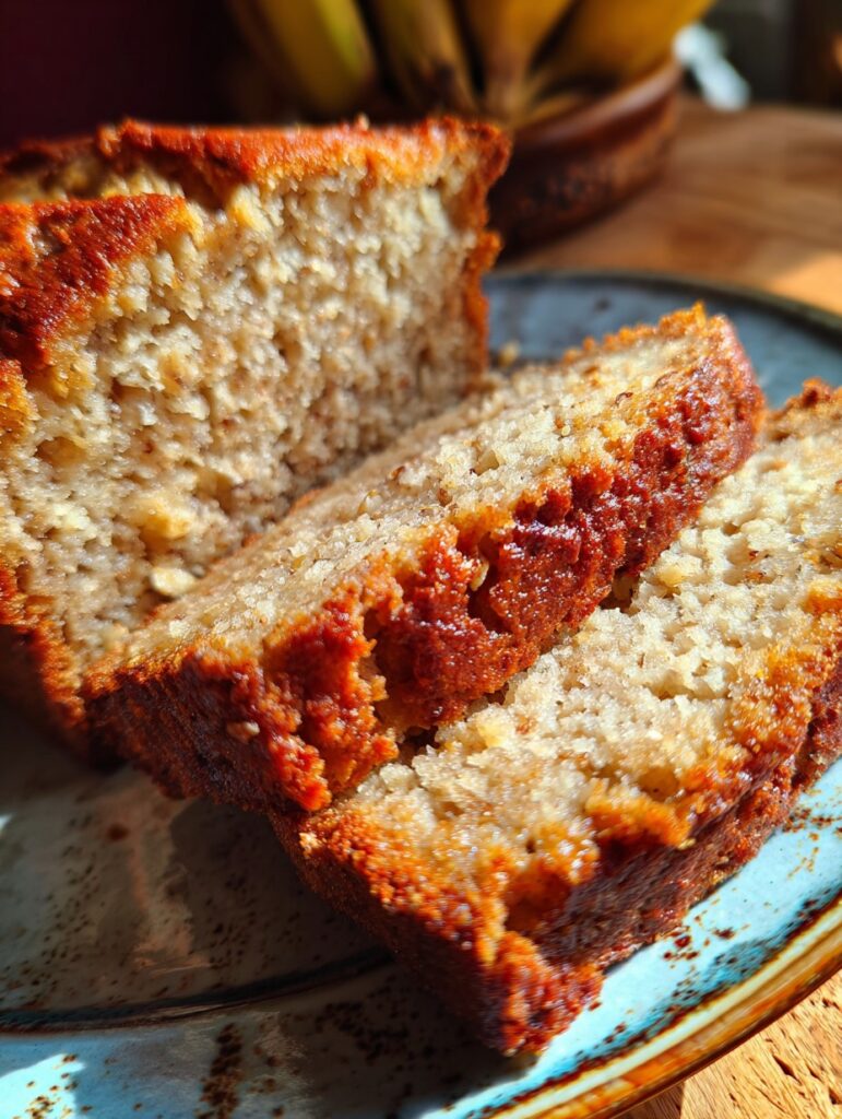 Pan casero de manzana y avena recién horneado, partido en rebanadas. Se muestra su textura húmeda y natural, sin harina ni azúcar refinada.