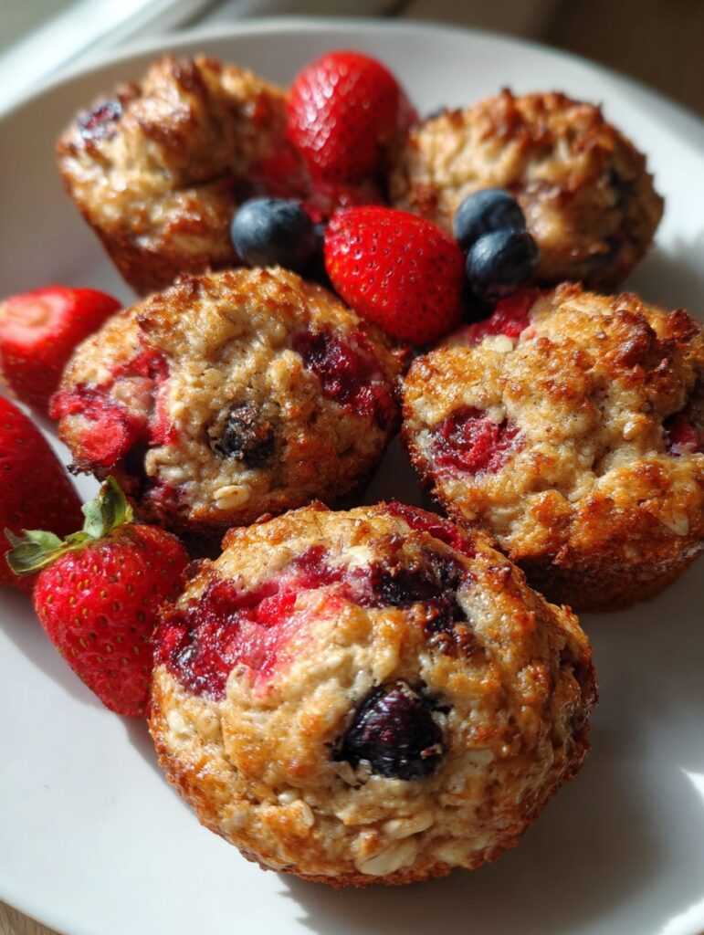 Mini muffins caseros de frutos rojos, sobre una bandeja de madera rústica, con trozos de arándanos y frambuesas a la vista, acompañados de una taza de yogur natural.