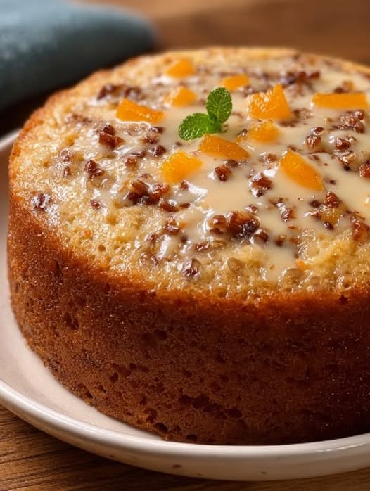 Pastel casero de avena, manzana y zanahoria recién horneado, decorado con nueces picadas sobre un plato de cerámica.