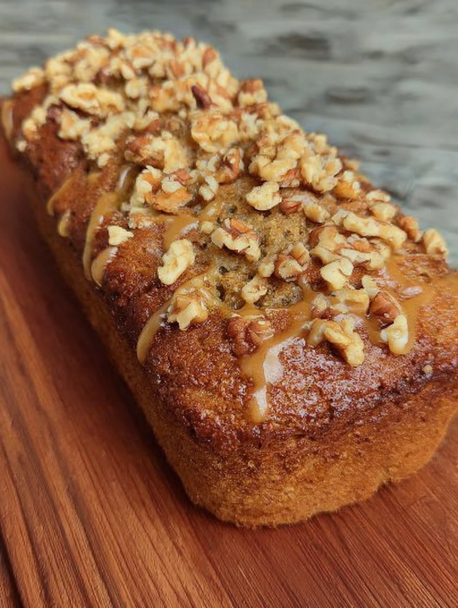 Budín integral con nueces, recién horneado, cortado en rebanadas sobre una tabla de madera, con textura húmeda y trozos visibles de fruta y nueces.