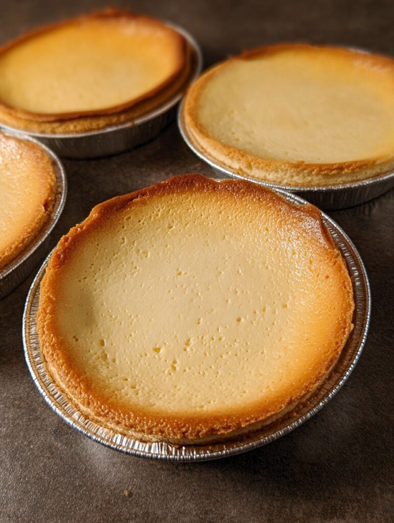 Pay de queso horneado con base dorada y relleno cremoso, servido con frutas frescas y decorado con hojas de menta.