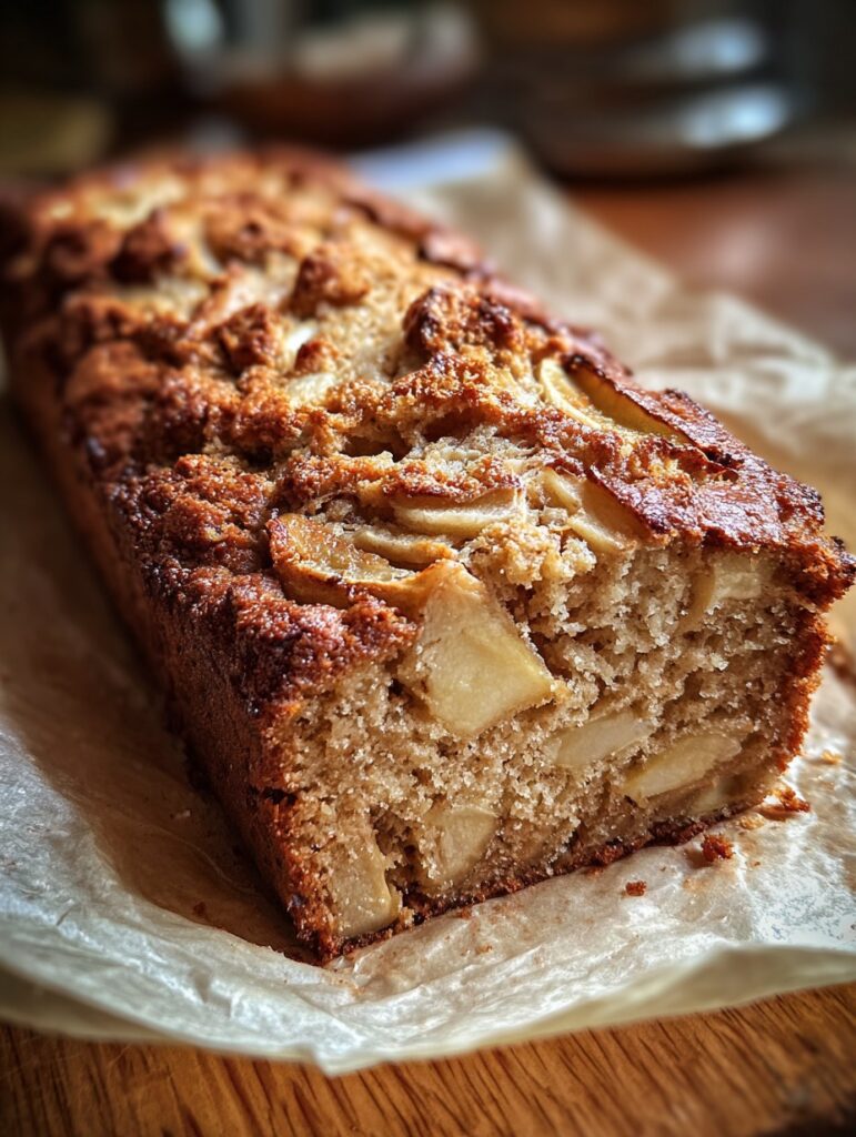 Pan de manzana sin harina con avena y yogur en rebanadas sobre una tabla de madera, decorado con trocitos de nuez y manzana.