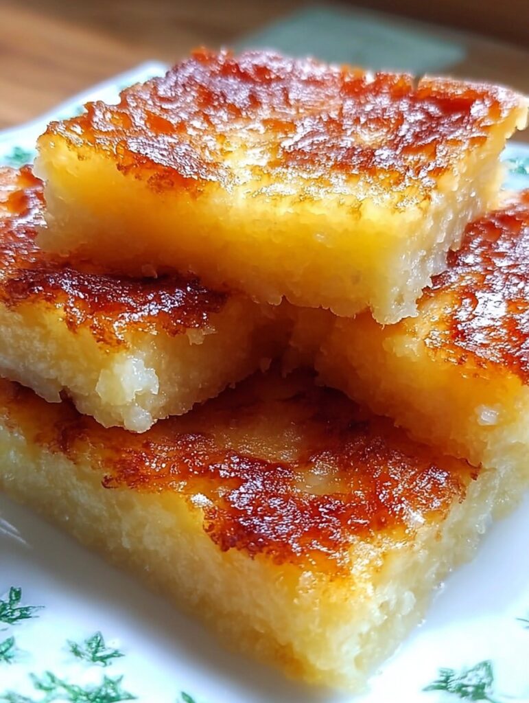 Pastel de yuca horneado, dorado por encima, servido en rebanadas sobre un plato blanco con fondo rústico.