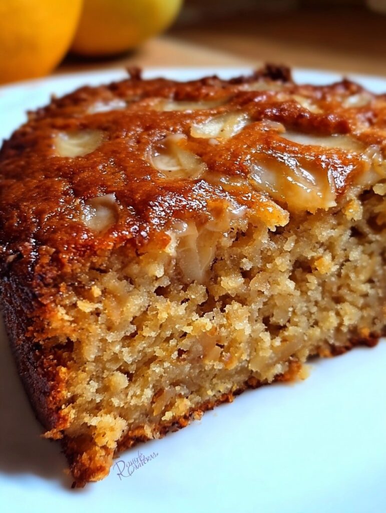 Bizcocho de avena, manzana y zanahoria horneado, servido en rebanadas sobre una mesa de madera con frutas alrededor.
