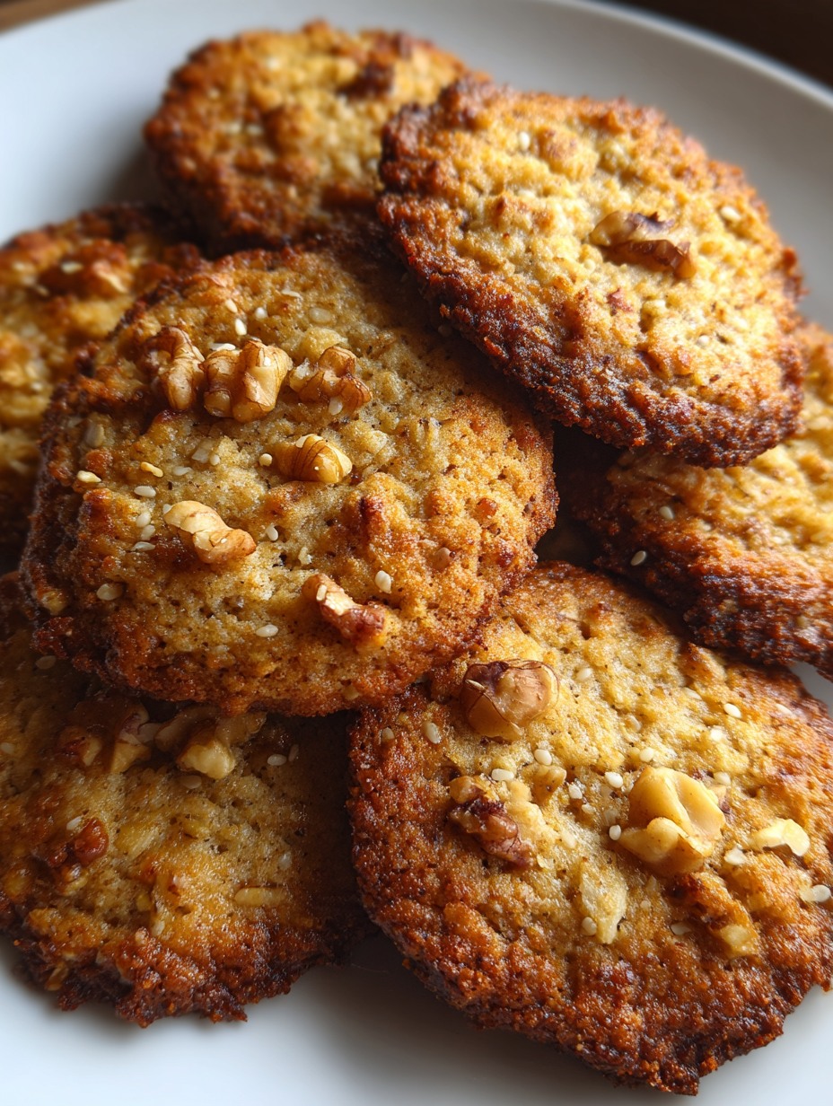 Galletitas saludables de avena, plátano y nueces, doradas y crujientes, servidas sobre una bandeja de madera.