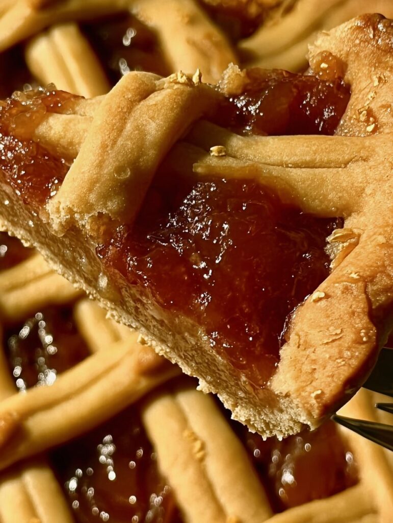Tarta casera de avena sin gluten decorada con tiras de masa sobre mermelada de frutilla, sobre una tabla de madera rústica.