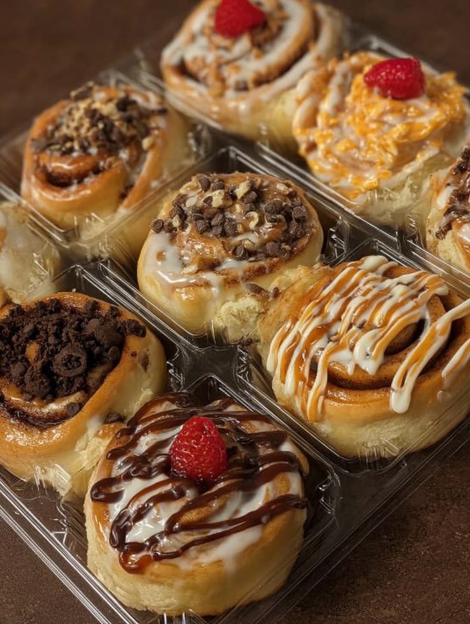 Cinnamon rolls esponjosos recién horneados, cubiertos con glaseado cremoso de queso crema.