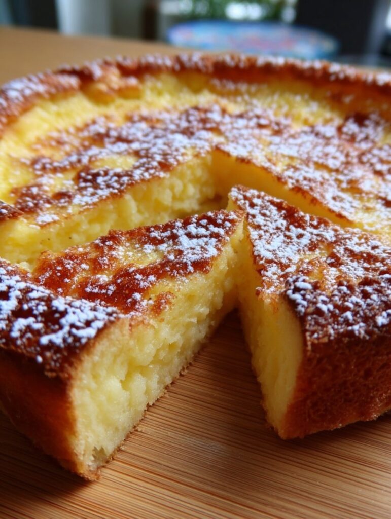 Tarta de yogur casera, esponjosa y dorada, espolvoreada con azúcar glas, servida en porciones cuadradas sobre una mesa rústica.