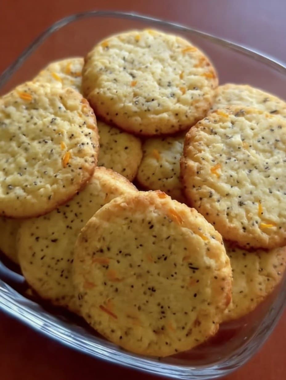 Primer plano de galletas caseras de naranja y chía, doradas y crujientes, recién horneadas.