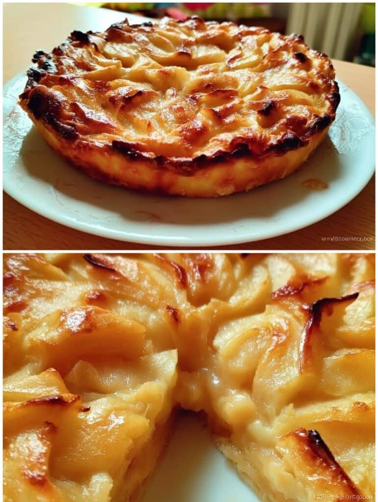 Tarta de manzana casera recién horneada, decorada con láminas de manzana y cubierta con mermelada brillante.