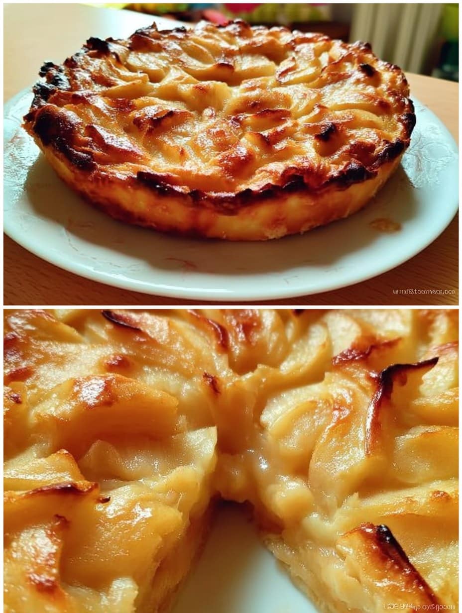 Tarta de manzana casera recién horneada, decorada con láminas de manzana y cubierta con mermelada brillante.