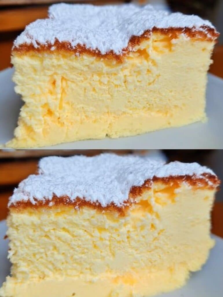 Bizcocho de maicena esponjoso sobre un plato blanco, espolvoreado con azúcar glas.