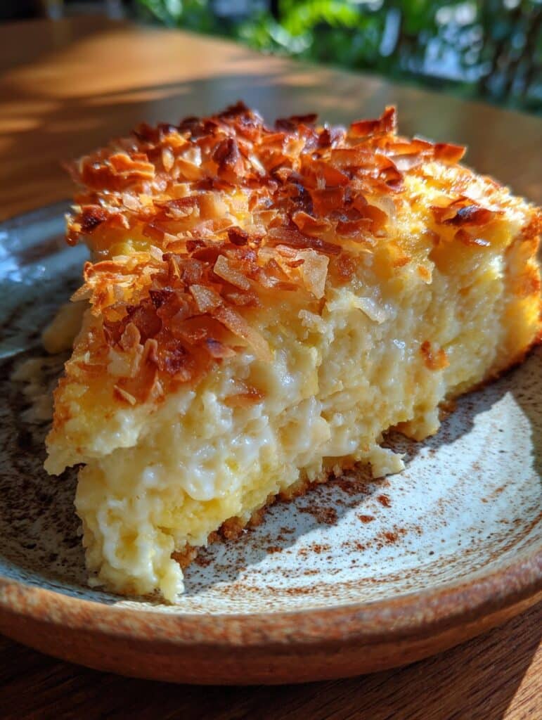 Budín cremoso de elote decorado con coco rallado tostado, servido en rebanadas sobre una mesa rústica.