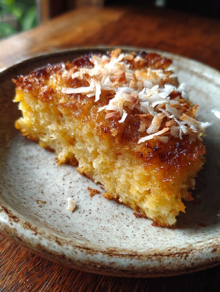 Close-up de un pastel de avena, piña y coco recién horneado, de textura húmeda y decorado con coco rallado.