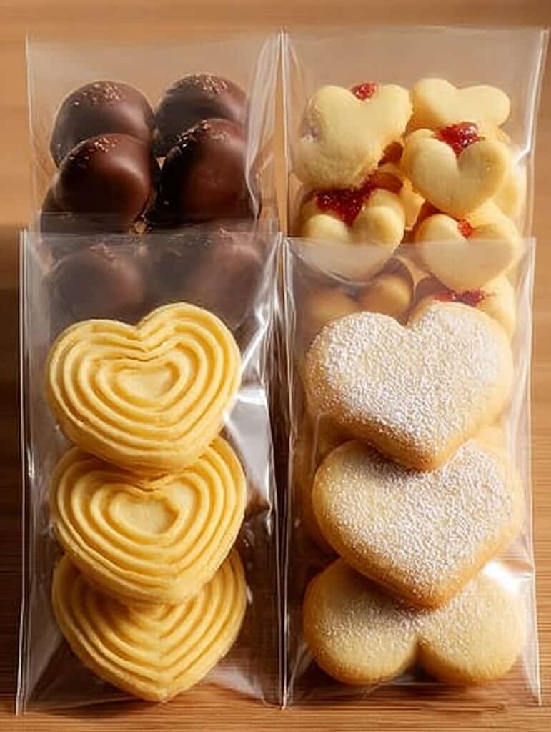 Cuatro tipos de galletas caseras: de mantequilla con manga pastelera, rellenas con mermelada, alfajores cubiertos con chocolate y galletas de corazón, servidas en una mesa rústica.