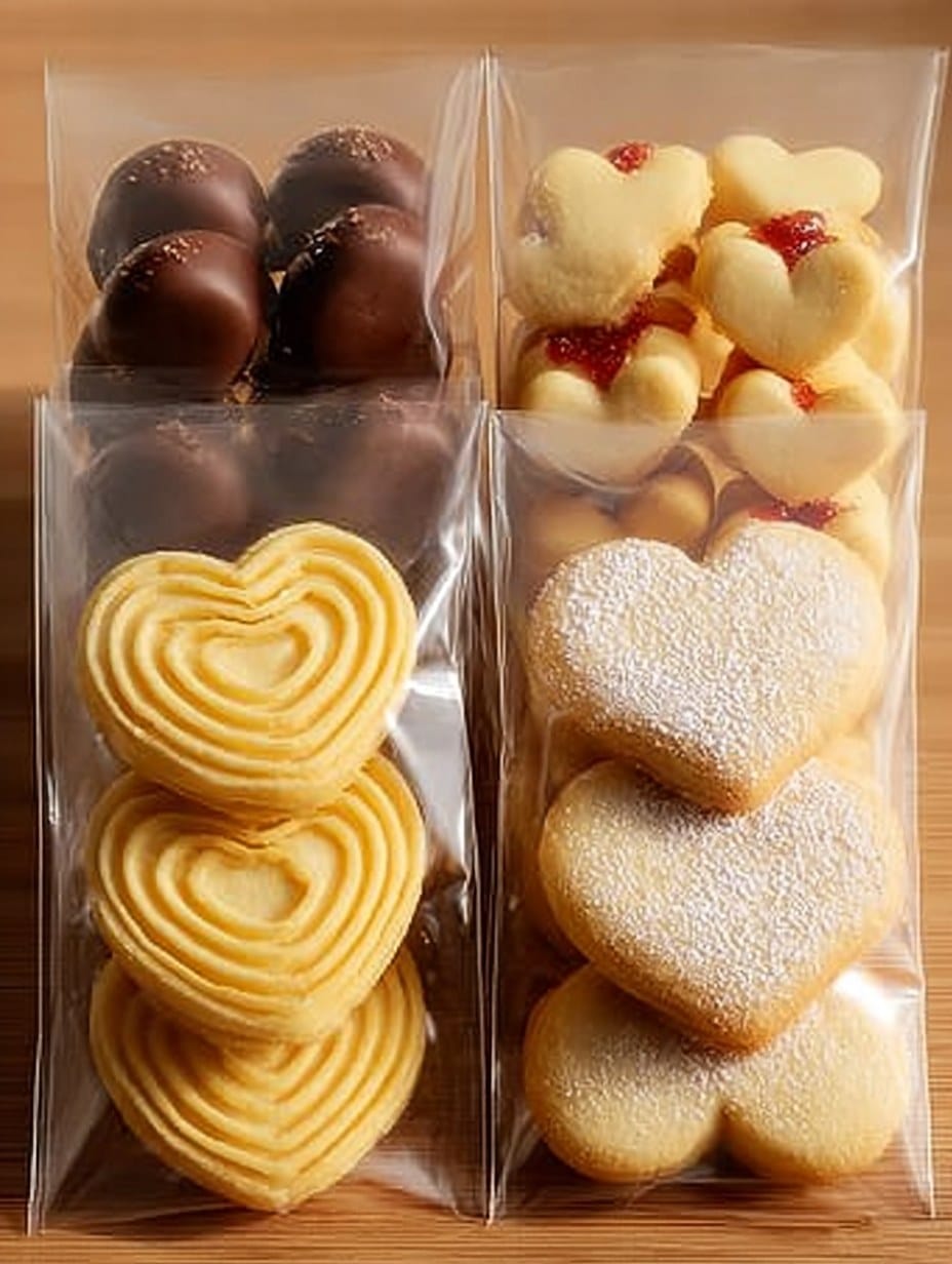 Cuatro tipos de galletas caseras: de mantequilla con manga pastelera, rellenas con mermelada, alfajores cubiertos con chocolate y galletas de corazón, servidas en una mesa rústica.