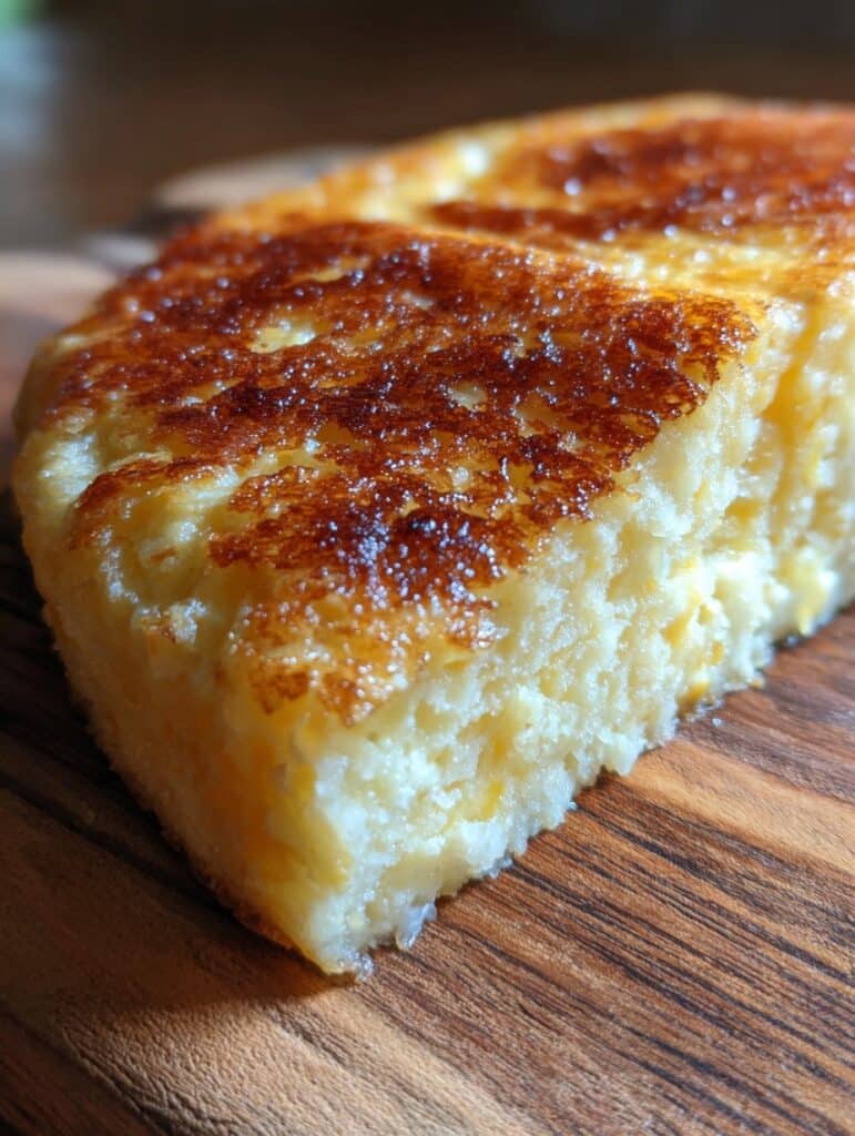 Pan de elote cremoso recién horneado con queso crema y vainilla, dorado por fuera y suave por dentro, servido en rebanadas sobre un plato.