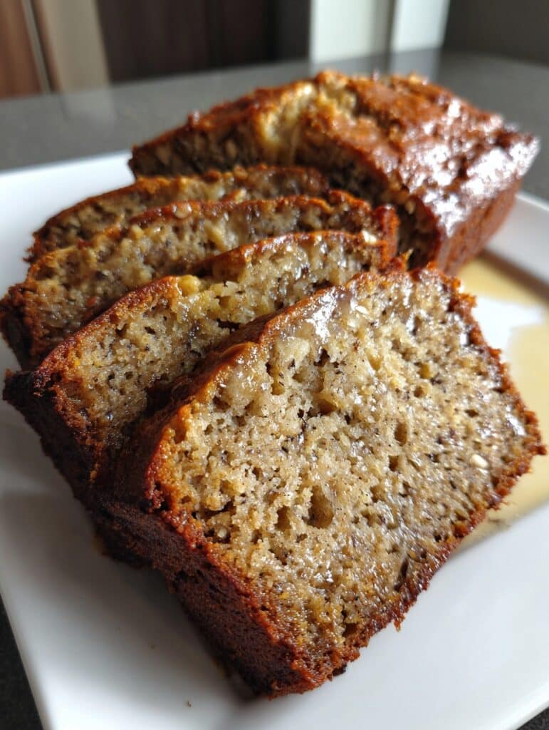 Panqué de avena y plátano recién horneado, cortado en rebanadas gruesas, mostrando una textura suave y húmeda, con un acabado dorado en la superficie.