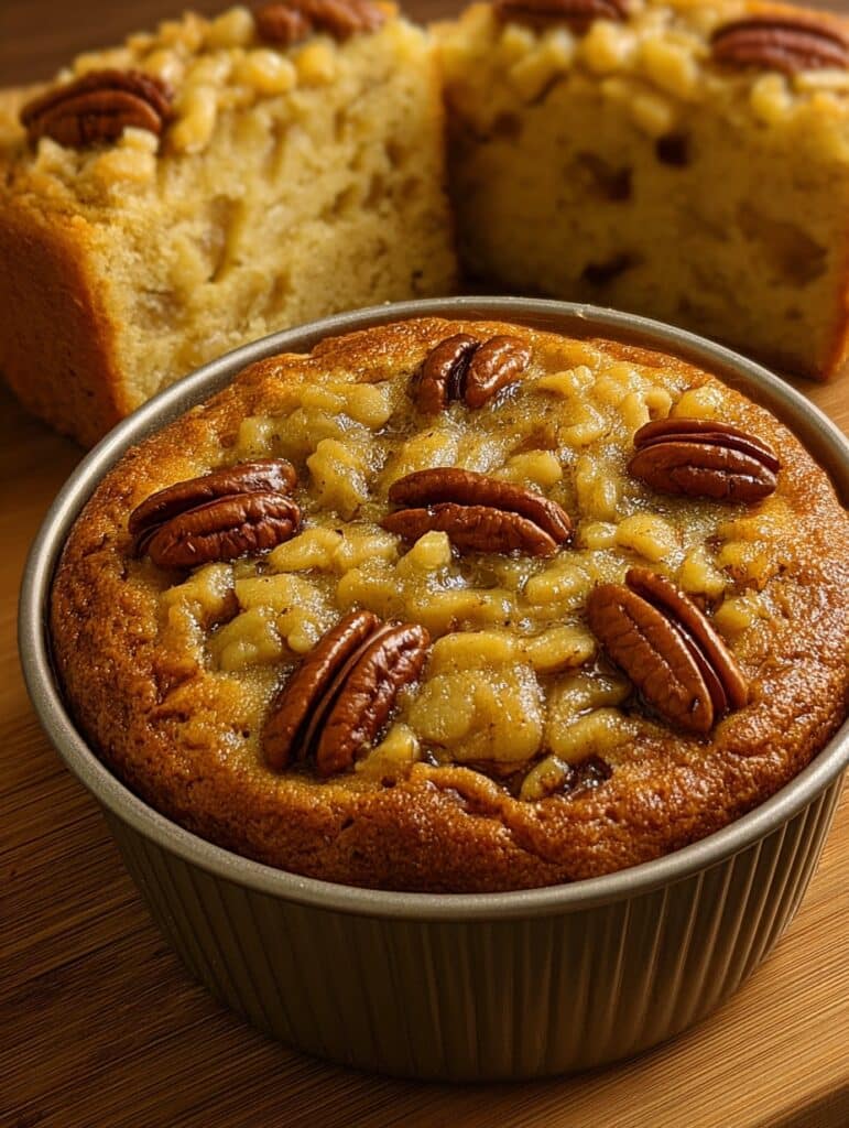 Pastel casero de nueces, manzana y plátano recién horneado, decorado con nueces enteras, sobre una mesa de madera.
