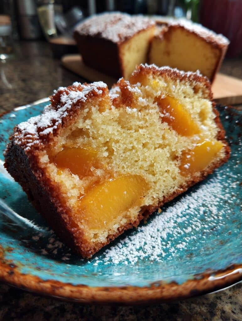 Torta matera casera con duraznos en almíbar, recién horneada y espolvoreada con azúcar glas sobre una mesa de madera.