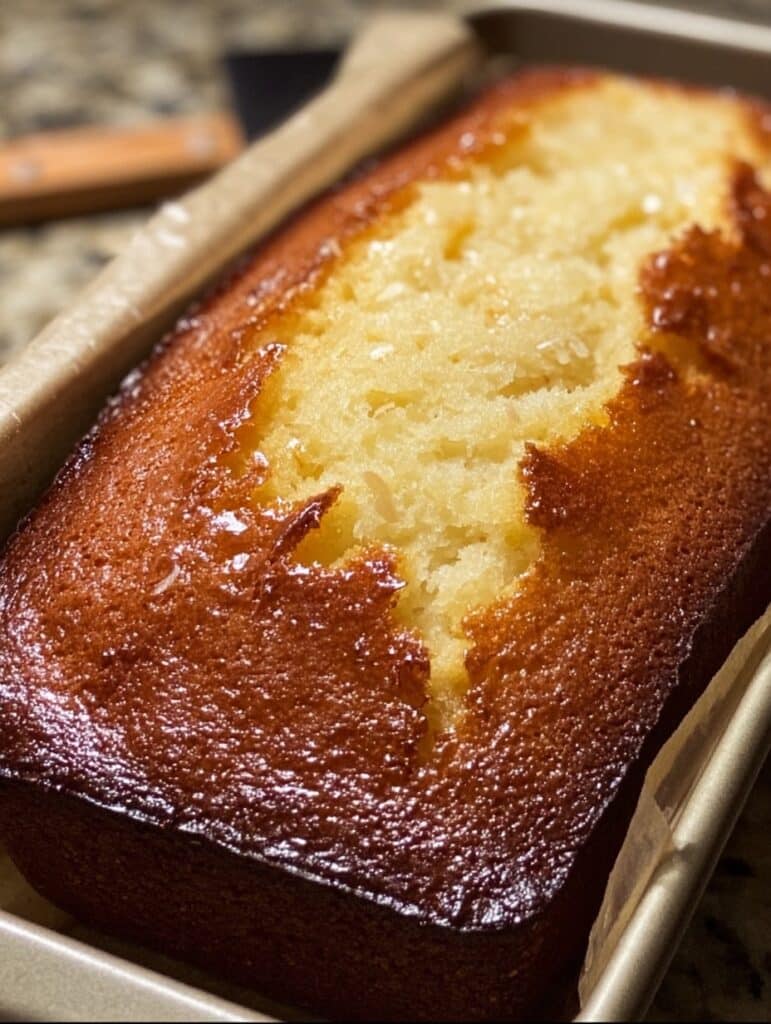 Pan Keto de Coco y Yogur esponjoso y sin gluten, recién horneado en molde, perfecto para desayuno saludable.