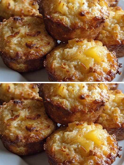 Muffins fit de cottage con piña y coco, saludables, esponjosos y dorados, servidos en un plato rústico con coco rallado y trozos de piña fresca.