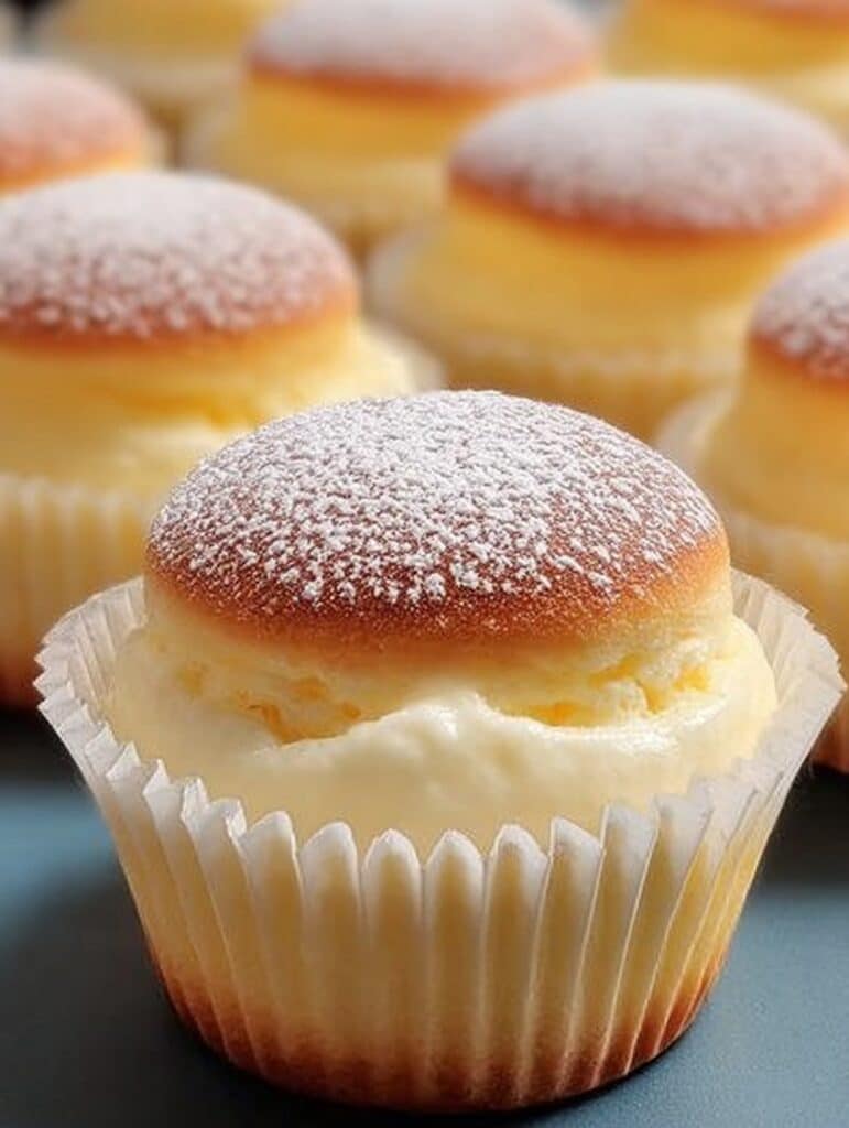 Cupcakes Japoneses de Cheesecake Algodón recién horneados, esponjosos y decorados con frutas frescas sobre una bandeja blanca.