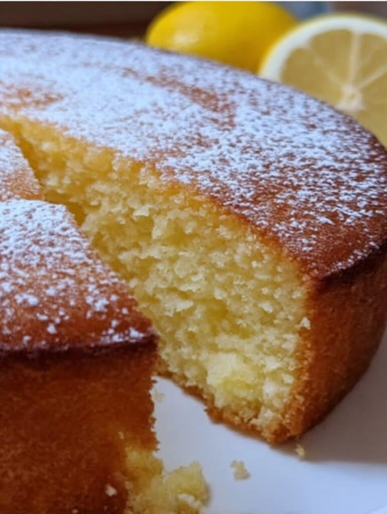 Tarta húmeda de limón recién horneada, esponjosa y decorada con azúcar glas sobre una mesa rústica.