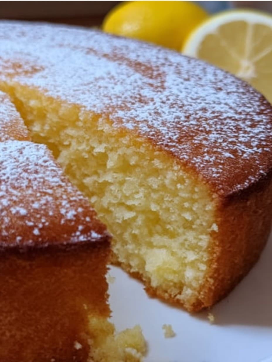 Tarta húmeda de limón recién horneada, esponjosa y decorada con azúcar glas sobre una mesa rústica.