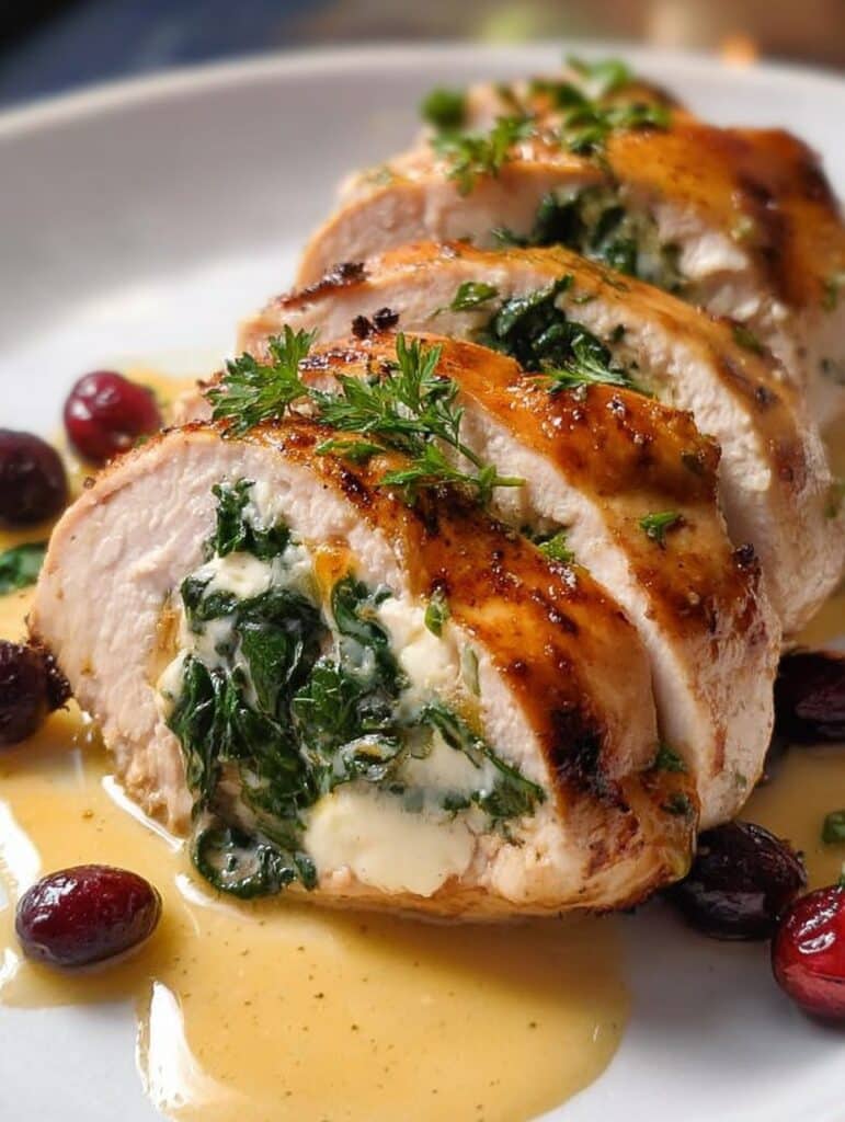 Pechugas de pollo rellenas de arándanos, espinacas y queso brie servidas con salsa cremosa y guarnición de puré de papas.