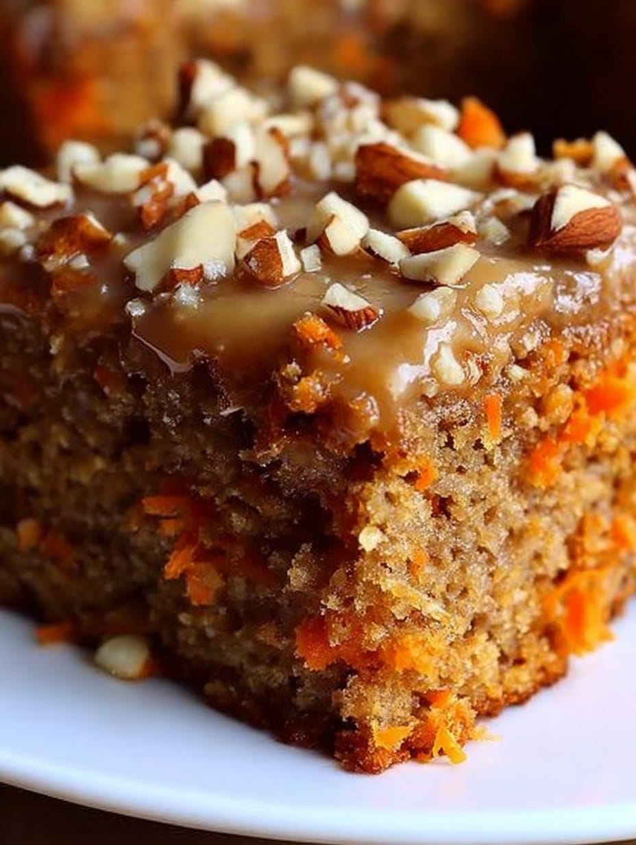Torta de avena y zanahorias casera con manzana rallada y nueces, recién horneada, sobre una mesa de madera.