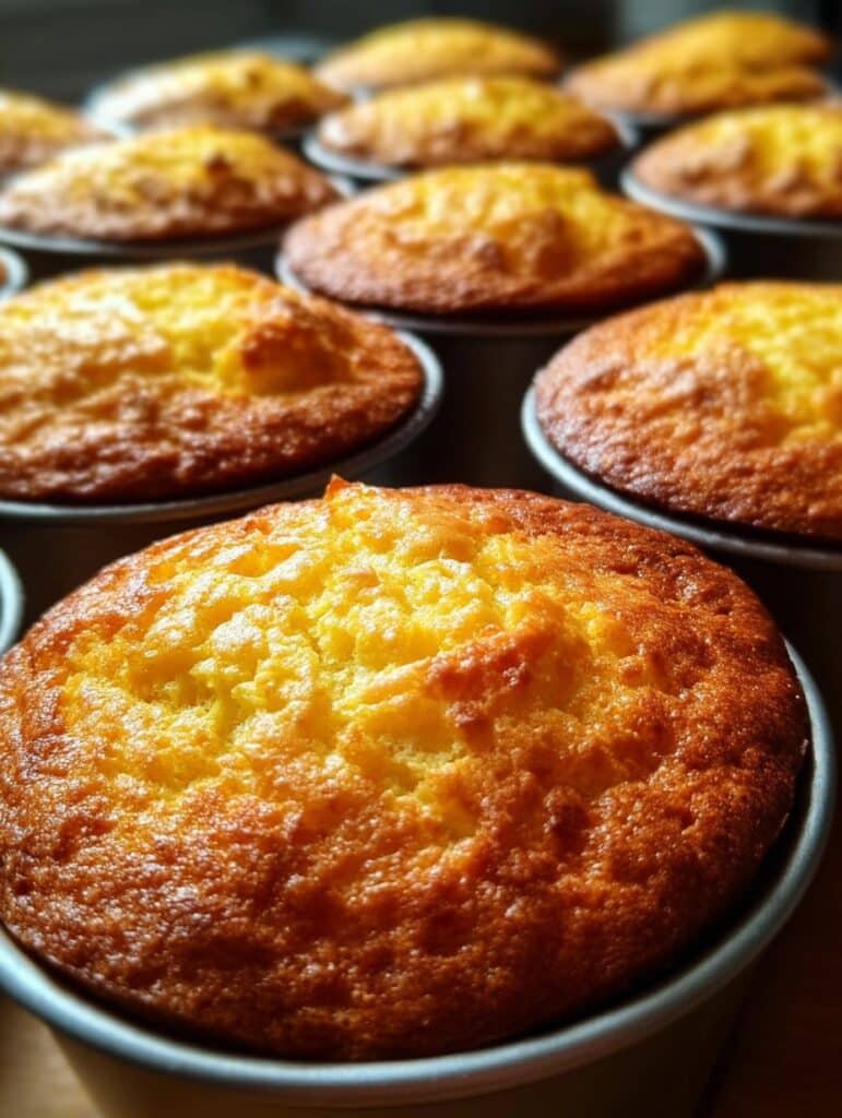 Pan de elote en molde individual, sin harina, esponjoso y dorado, listo para servir con café.