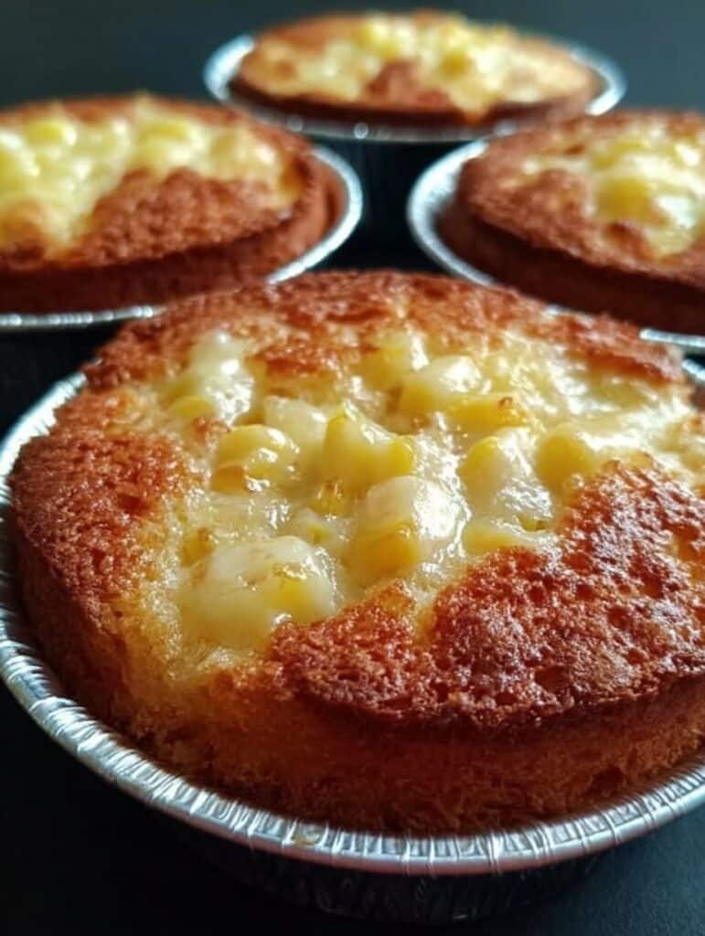 Pan de Elote Cremoso con Queso recién horneado, con trozos de queso derretido sobre la superficie.