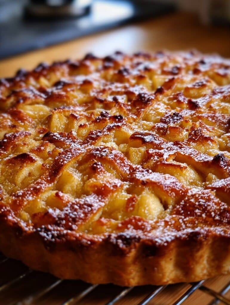 Tarta de manzana casera recién horneada, con trozos de manzana dorados y espolvoreada con azúcar, sobre una mesa rústica.