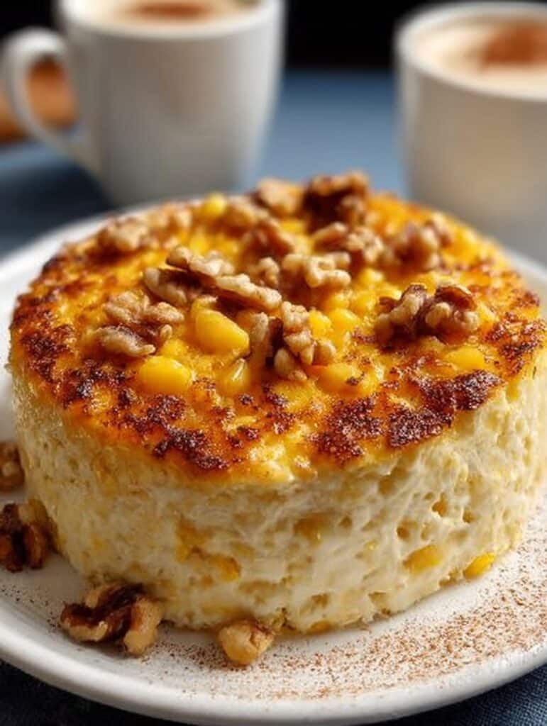 Pastel de elote con ricotta y nuez servido sobre un plato blanco, acompañado de una taza de café.