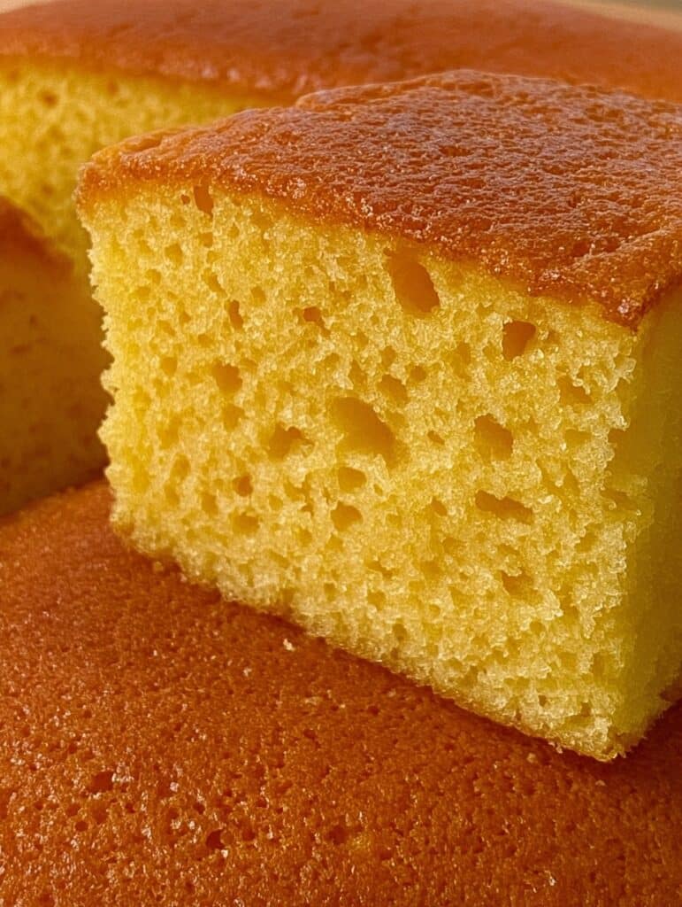 Bizcocho gigante esponjoso hecho en licuadora, servido en una bandeja sobre una mesa rústica con rodajas de naranja al lado.
