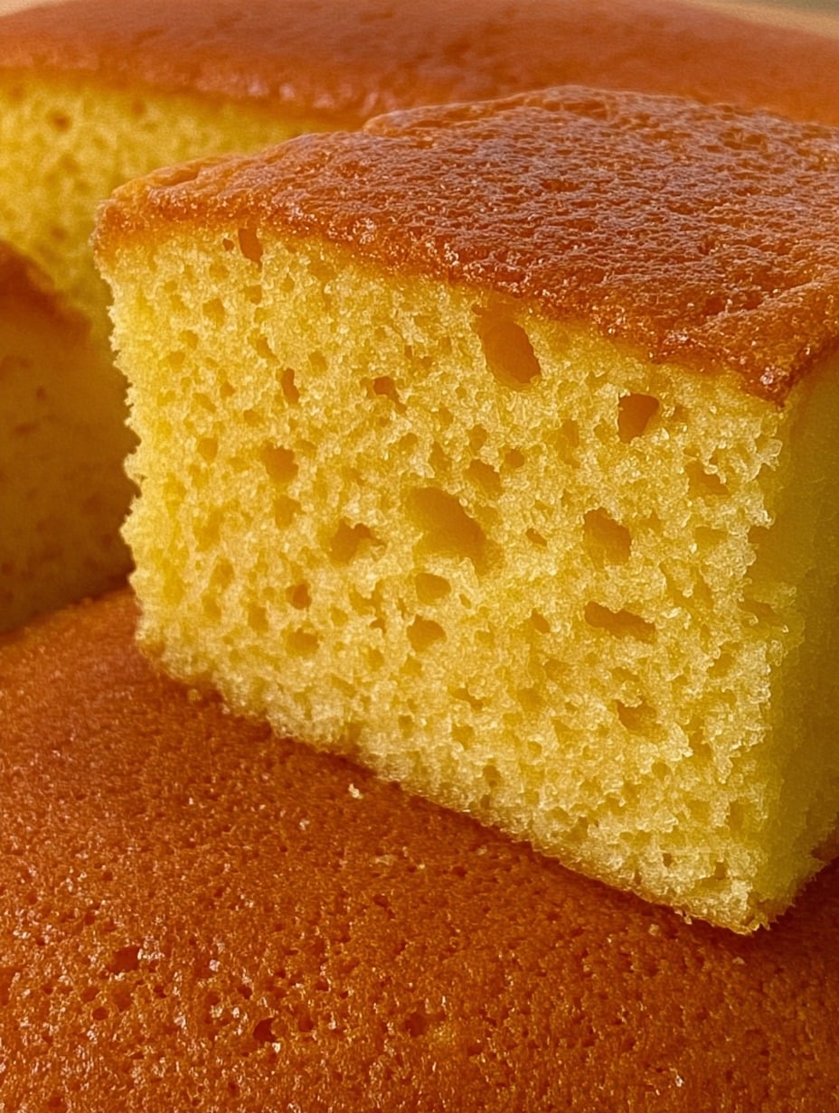 Bizcocho gigante esponjoso hecho en licuadora, servido en una bandeja sobre una mesa rústica con rodajas de naranja al lado.
