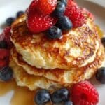Pancakes saludables de queso cottage altos en proteína servidos con frutas frescas y miel, receta sin harina refinada.