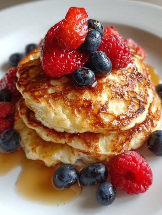 Pancakes saludables de queso cottage altos en proteína servidos con frutas frescas y miel, receta sin harina refinada.