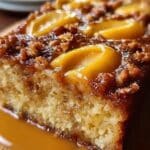 Budín de manzana casero con avena y harina integral, recién horneado sobre una mesa de madera.