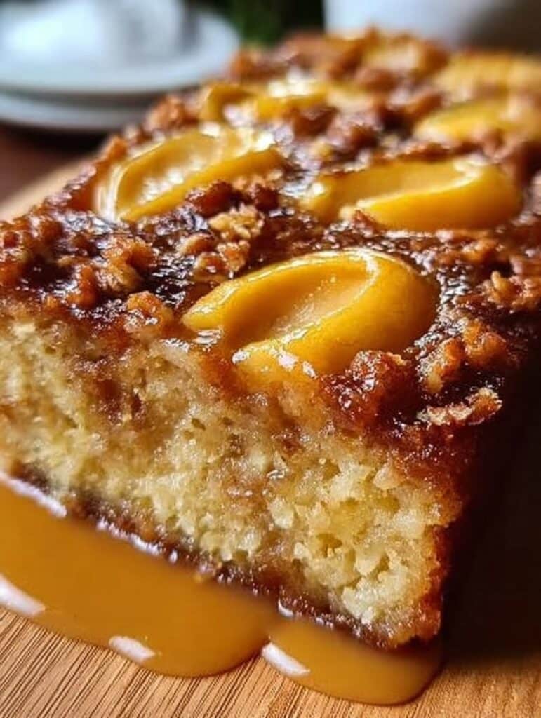 Budín de manzana casero con avena y harina integral, recién horneado sobre una mesa de madera.