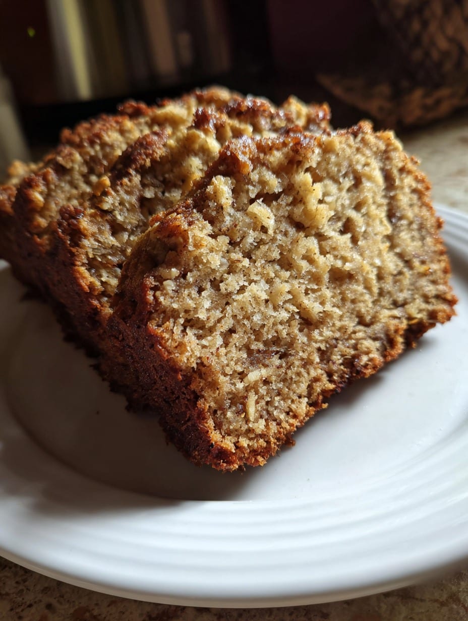 Pan de avena y manzana sin harina recién horneado, decorado con nueces y servido en rebanadas sobre una mesa rústica.